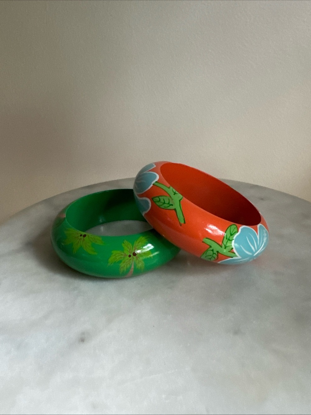 Tropical Green and Orange Floral Painted Bangle Set of 2